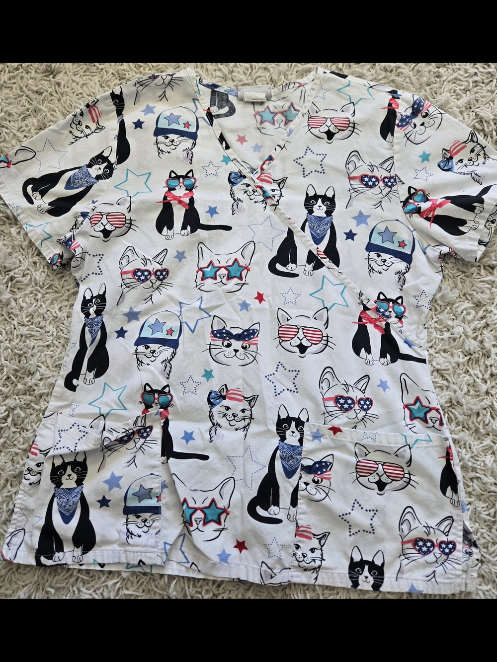 Scrubstar Cat Print Scrub Top - White with Patriotic Accents